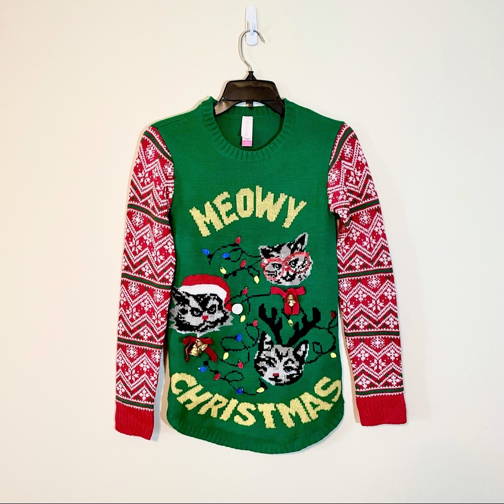 Meowy Christmas Ugly Holiday Cat Sweater (Christmas Lights and Bells)